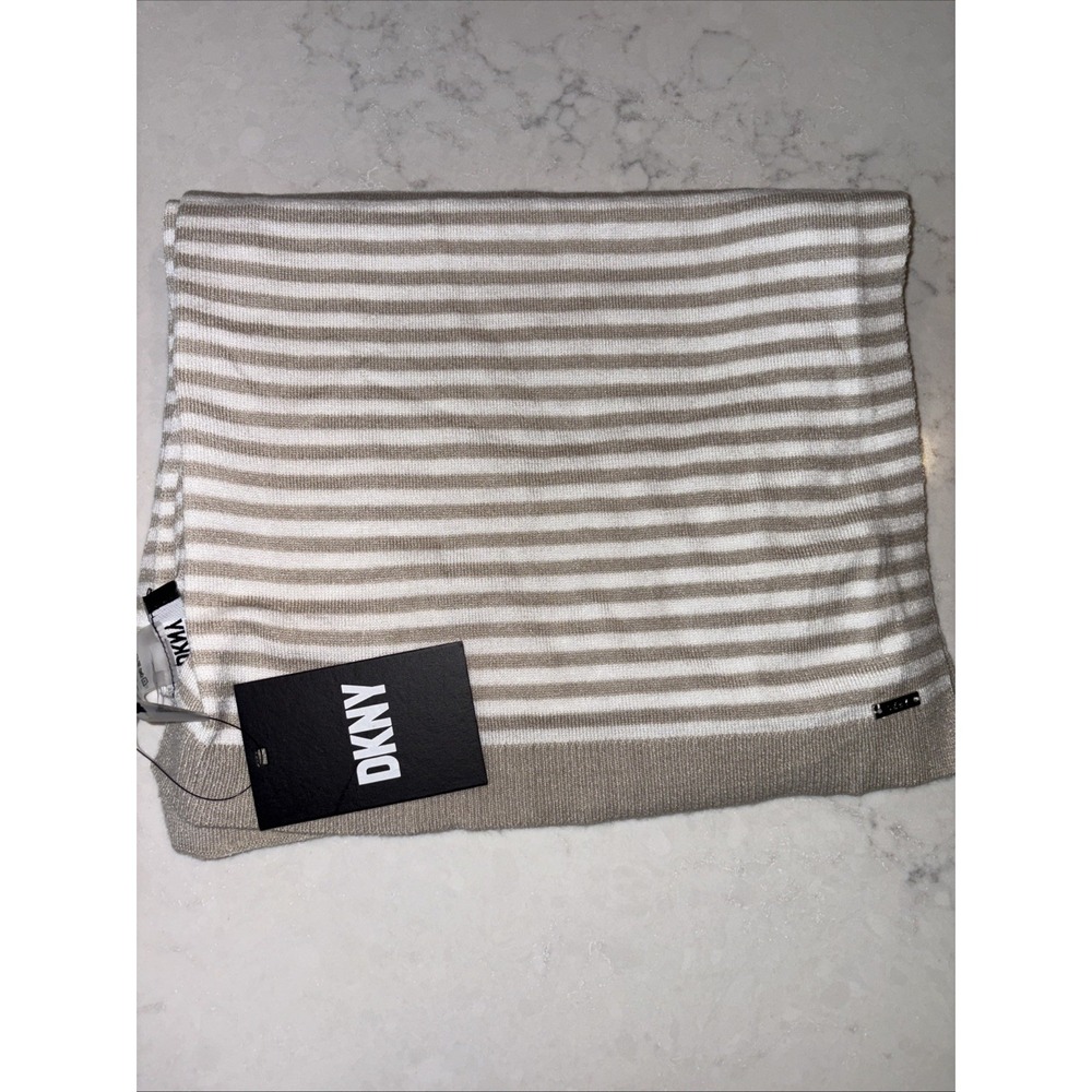 DKNY Open-Knit Blocked Scarf White Tan Striped, One Size Sweater Like Logo NWT‎
